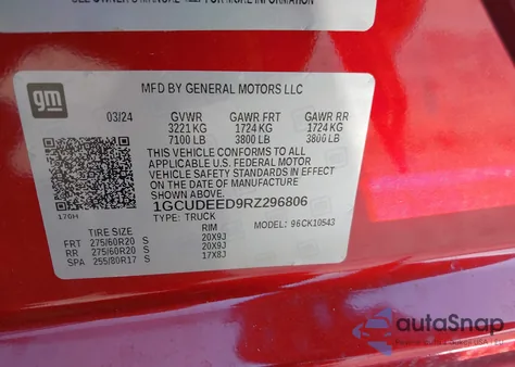 2024 Chevrolet Silverado 1500 4Wd Short Bed Rst z USA, uszkodzony, nr VIN 1GCUDEED9RZ296806